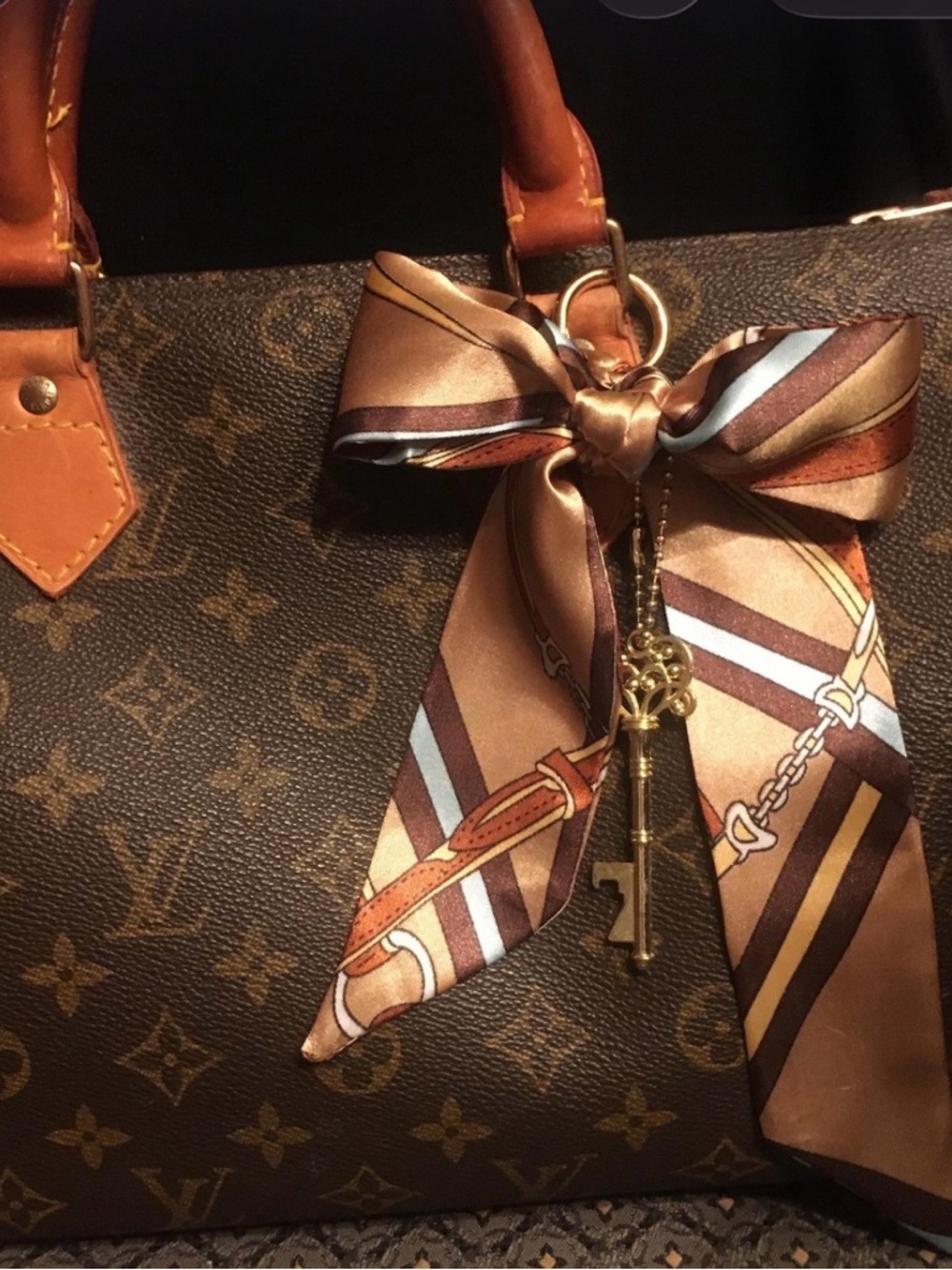 Luxury braided scarf  purse chain: colors tan brown with gold key.